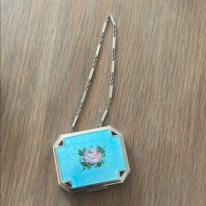 Antique 1920s baby blue guilloche enamel powder compact with rose detail